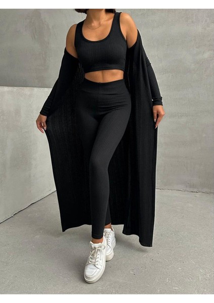 3'lü Triko Hırka Crop Tayt Takım