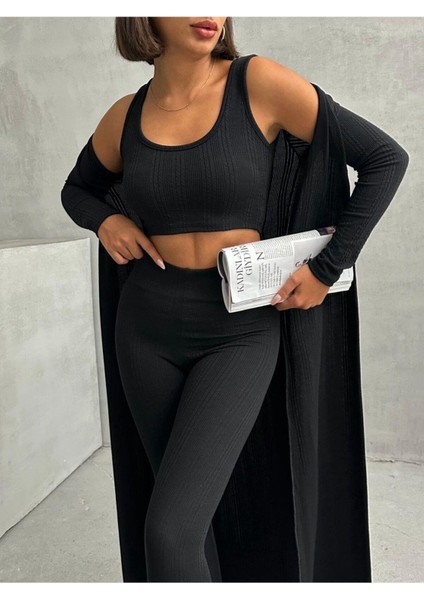 3'lü Triko Hırka Crop Tayt Takım