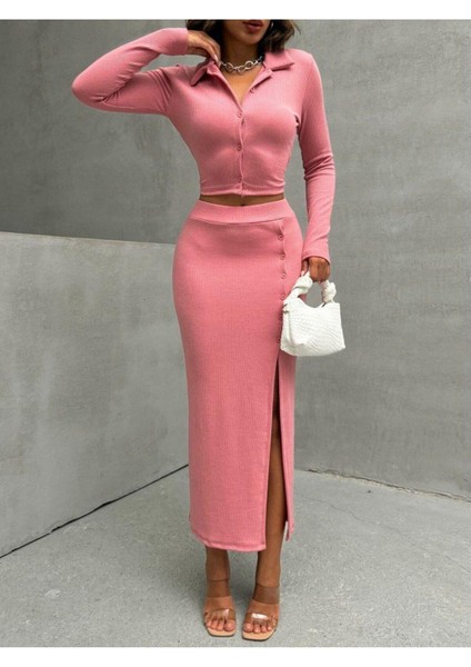 Bürümcük Kumaş Düğmeli Bluz Etek Takım