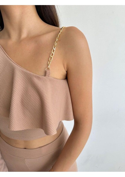 Bürümcük Kumaş Zincirli Bluz Ispanyol Paça Tayt Takım