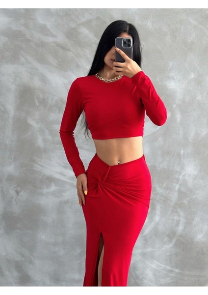 Bluz-Etek Sandy Takım Midi Yırtmaçlı Bağlama Detaylı Etek