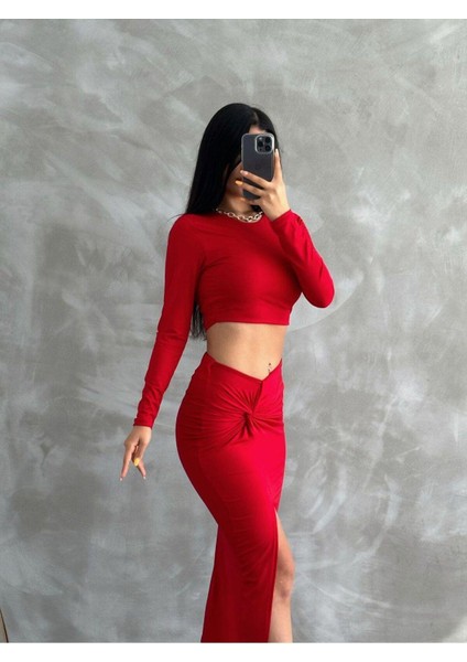 Bluz-Etek Sandy Takım Midi Yırtmaçlı Bağlama Detaylı Etek indirimleri