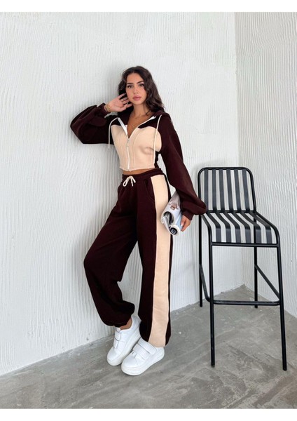 Bol Kesim 3 Iplik Crop Hırka Eşofman Takımı