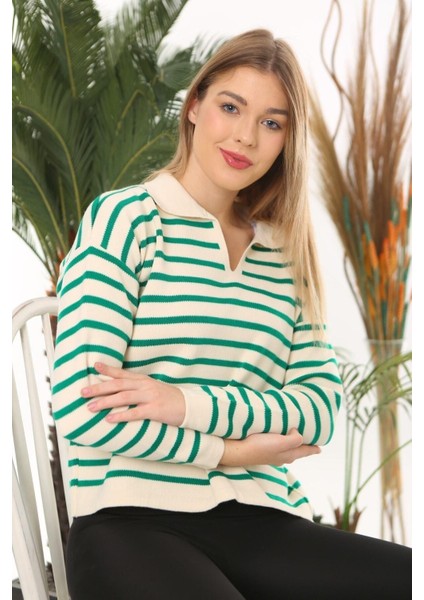 Kadın Turuncu Polo Yaka Çizgili Triko Bluz