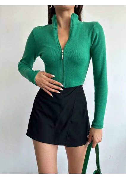 Fermuarlı Kaşkorse Uzun Kollu Şardonlu Bluz