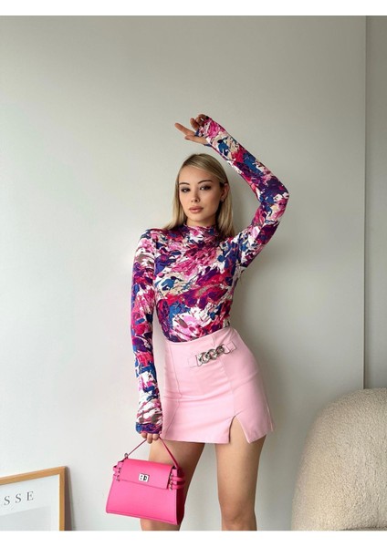 Batik Desen Yarım Balıkçı Uzun Kol Bluz