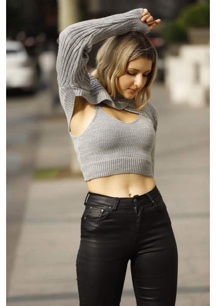Crop Çizgili 2'li Triko Kazak