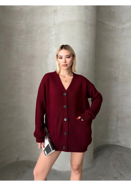 Kadın Bordo Oversize Triko Hırka