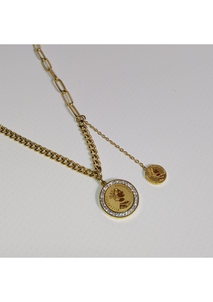Zirkon Taşlı Elizabeth Model Çelik Kolye - 316L Çelik Madalyon Kolye fiyatları