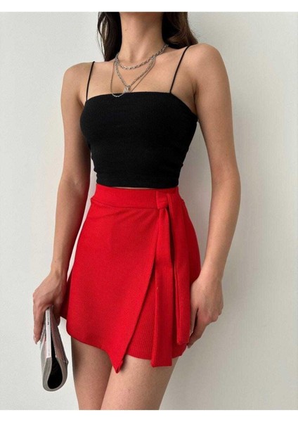 Fitilli Yandan Bağlama Detaylı Şort Etek