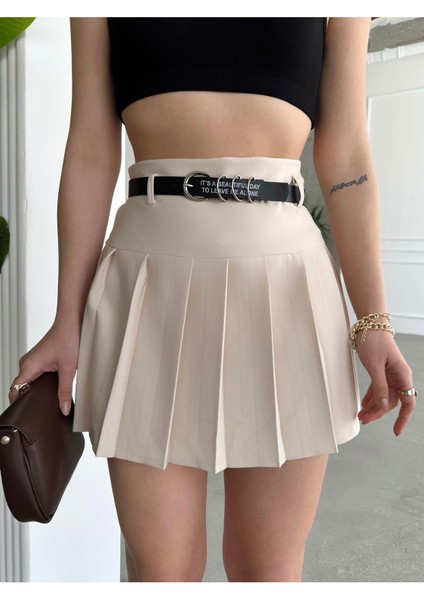 Crep Kumaş Yazılı Kemer Pileli Şort Etek fiyatları