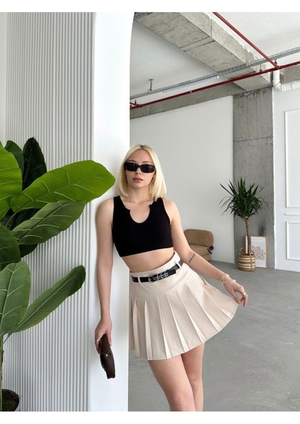 Crep Kumaş Yazılı Kemer Pileli Şort Etek indirimleri