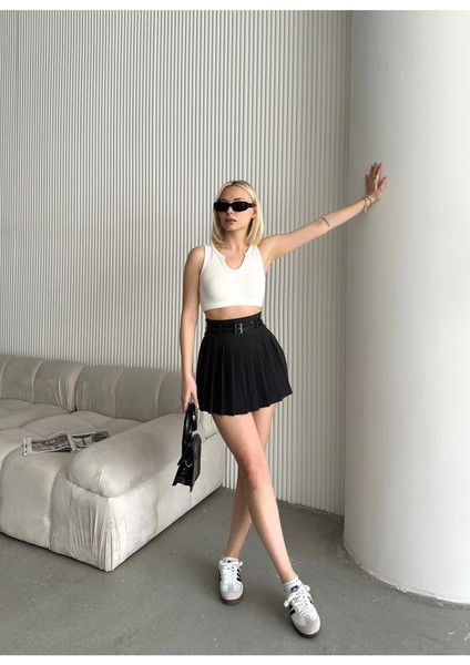 Çift Kemerli Dokuma Pileli Mini Etek fırsatları