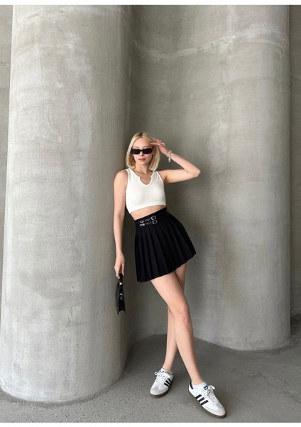 Çift Kemerli Dokuma Pileli Mini Etek fiyatları