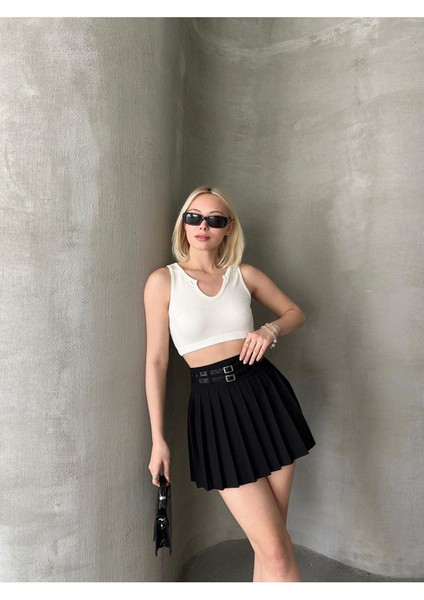 Çift Kemerli Dokuma Pileli Mini Etek indirimleri