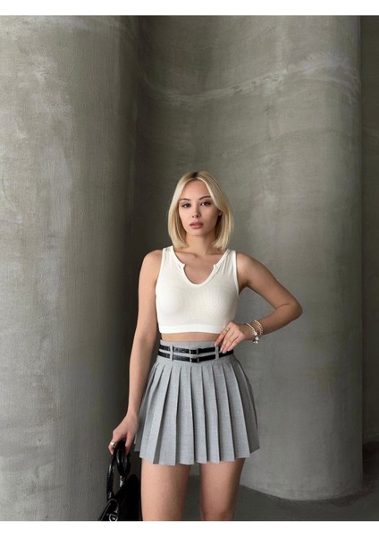 Çift Kemerli Dokuma Pileli Mini Etek