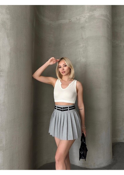 Çift Kemerli Dokuma Pileli Mini Etek modelleri