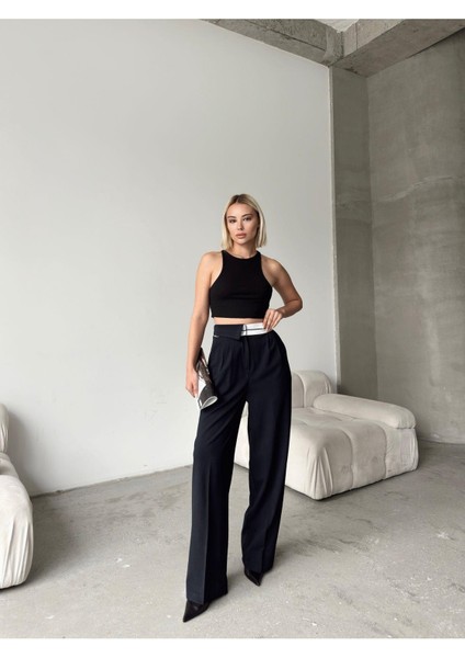 Yarım Ters Kemer Bol Paça Poliviskon Pantolon