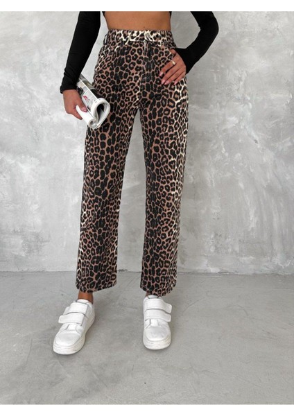 Leopar Desen Geniş Paça Yüksek Bel Pantolon