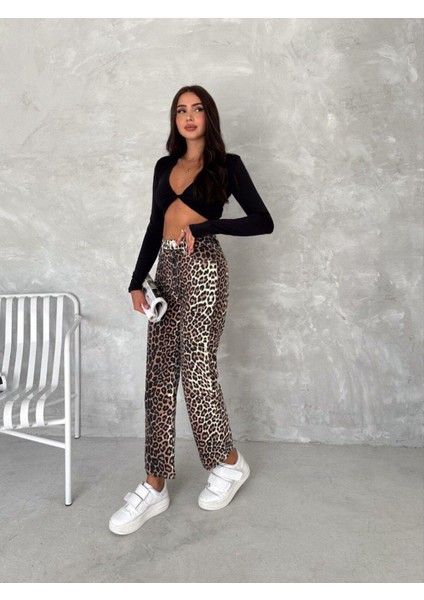 Leopar Desen Geniş Paça Yüksek Bel Pantolon modelleri