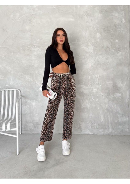 Leopar Desen Geniş Paça Yüksek Bel Pantolon