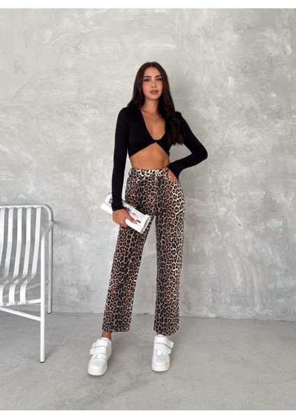 Leopar Desen Geniş Paça Yüksek Bel Pantolon
