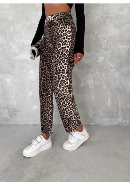 Leopar Desen Geniş Paça Yüksek Bel Pantolon