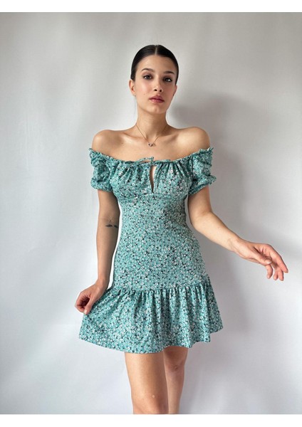 Mini Dokuma Astarlı Balon Kollu Çiçek Desenli Elbise modelleri