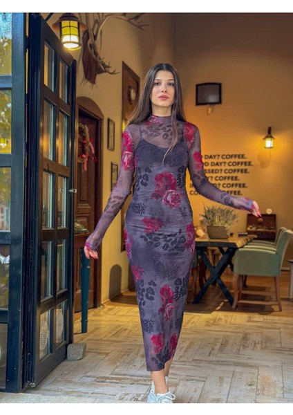Çiçek Desenli Midi Boy Ikili Tül Elbise