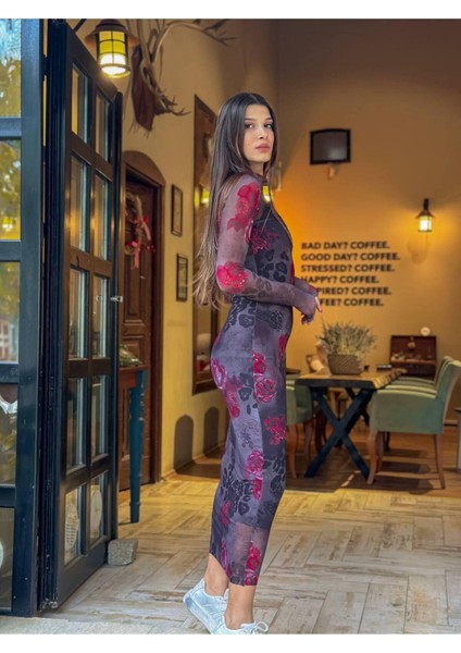 Çiçek Desenli Midi Boy Ikili Tül Elbise modelleri