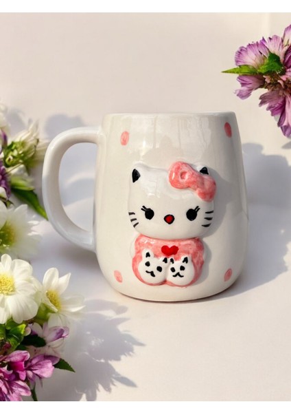 El Yapımı Kabartmalı Hello Kıtty Kupa Bardak 400 ml