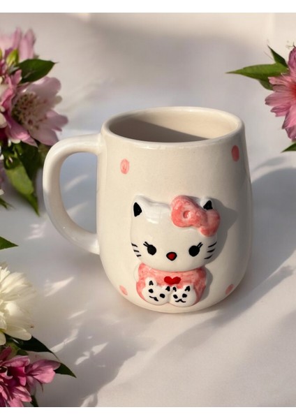 El Yapımı Kabartmalı Hello Kıtty Kupa Bardak 400 ml