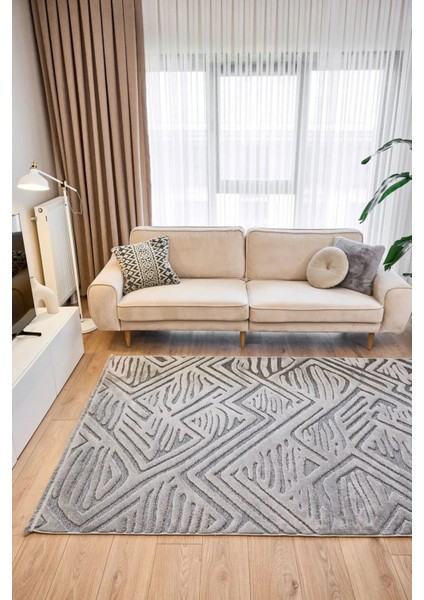 Apex Orion 4223 Gri Saçaklı Kabartmalı Modern Makine Halısı