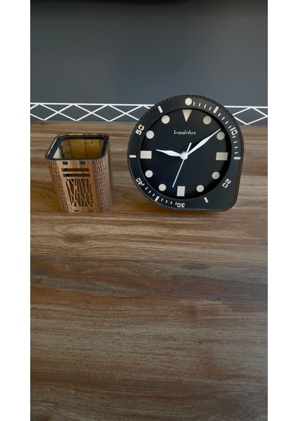 Ahşap Oval Masa Saati ve Kalemlik, Sessiz Akar Mekanizma, Ev Hediyesi, Ofis Hediyesi