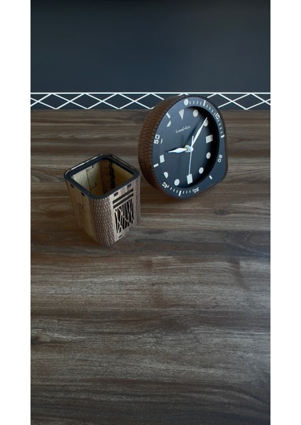 Ahşap Oval Masa Saati ve Kalemlik, Sessiz Akar Mekanizma, Ev Hediyesi, Ofis Hediyesi modelleri