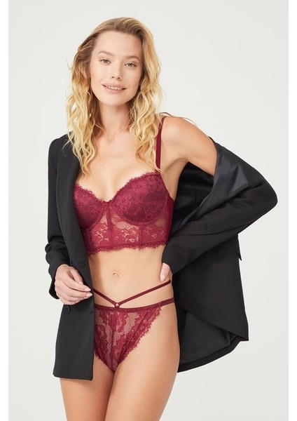 Dantel Korseli Bordo Bralet Sütyen Takımı