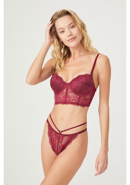 Dantel Korseli Bordo Bralet Sütyen Takımı modelleri