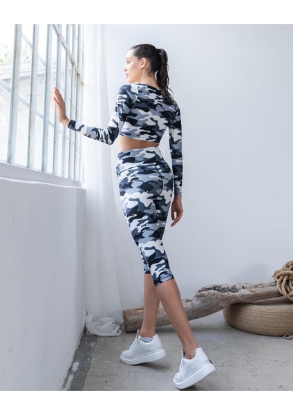 Gri Kamuflaj Ekstra Yüksek Bel Toparlayıcı Spor Kapri Tayt fiyatları