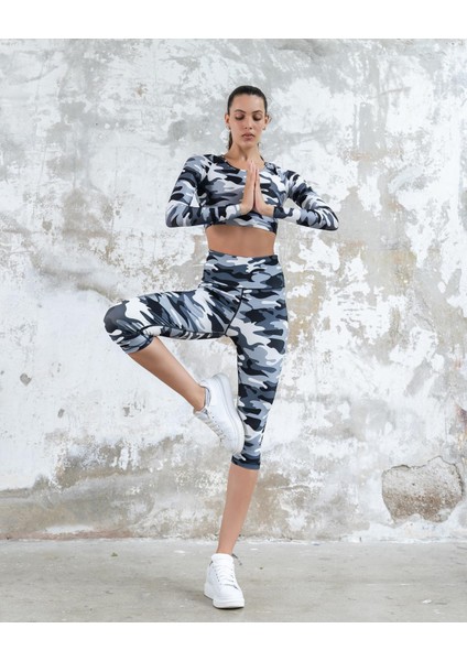 Gri Kamuflaj Ekstra Yüksek Bel Toparlayıcı Spor Kapri Tayt modelleri