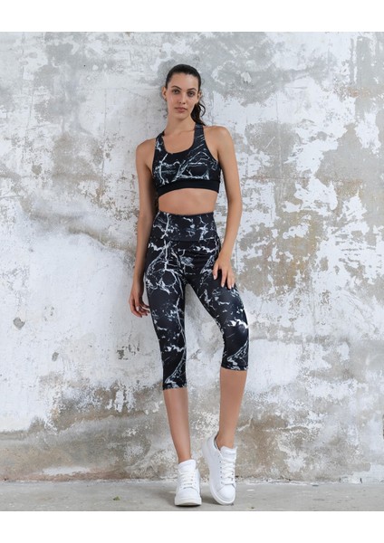 Siyah Beyaz Mermer Desen Ekstra Yüksek Bel Toparlayıcı Spor Kapri Tayt fiyatları