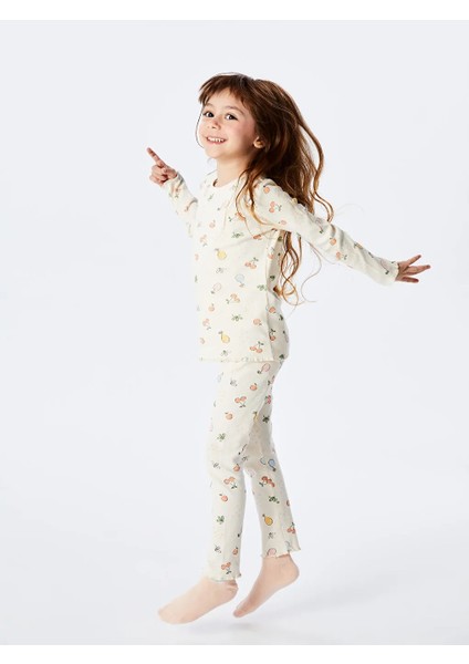 Lcw Kids Ekru Bisiklet Yaka Baskılı Kız Çocuk Pijama Takımı T T