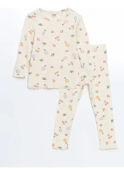 Lcw Kids Ekru Bisiklet Yaka Baskılı Kız Çocuk Pijama Takımı T T