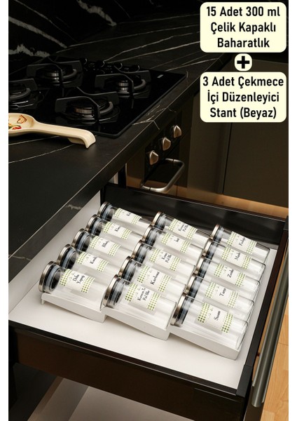 15 Adet 300ML Çelik Kapaklı Baharatlık Borosilikat (Cam) Kavanoz 3 Adet Çift Stoplu Stant (Beyaz)