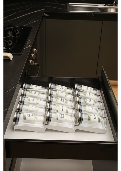 15 Adet 300ML Çelik Kapaklı Baharatlık Borosilikat (Cam) Kavanoz 3 Adet Çift Stoplu Stant (Beyaz) modelleri