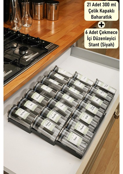21 Adet Çelik Kapaklı Baharatlık Borosilikat (Cam) 300ML Kavanoz 6 Adet Stoplu Pleksi Stant (Siyah)
