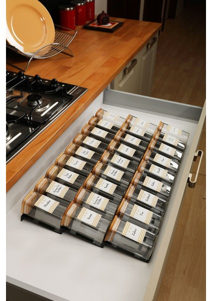 27 Adet Bambu Kapaklı 300ML Borosilikat (Cam) Baharatlık Kavanoz ve 6 Adet Düzenleyici Stant (Siyah)