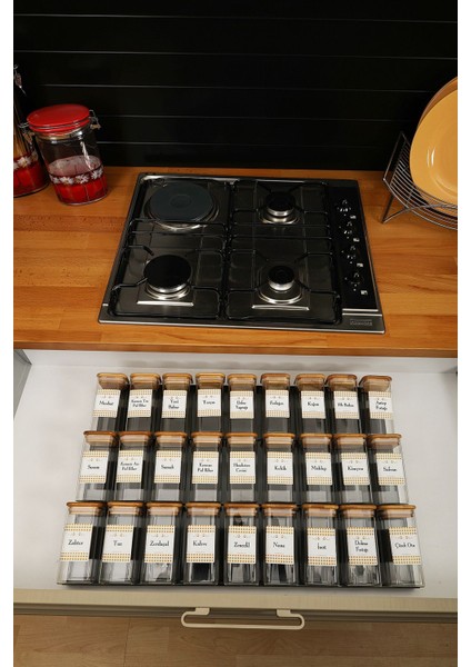 27 Adet Bambu Kapaklı 300ML Borosilikat (Cam) Baharatlık Kavanoz ve 6 Adet Düzenleyici Stant (Siyah) modelleri