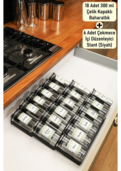 18 Adet Çelik Kapaklı Baharatlık Borosilikat (Cam) 300ML Kavanoz 6 Adet Stoplu Pleksi Stant (Siyah)