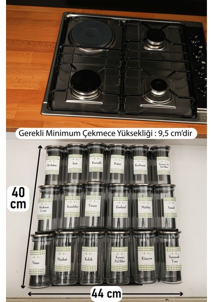 18 Adet Çelik Kapaklı Baharatlık Borosilikat (Cam) 300ML Kavanoz 6 Adet Stoplu Pleksi Stant (Siyah) fiyatları