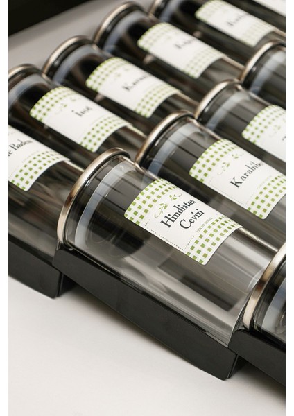 18 Adet Çelik Kapaklı Baharatlık Borosilikat (Cam) 300ML Kavanoz 6 Adet Stoplu Pleksi Stant (Siyah) fırsatları